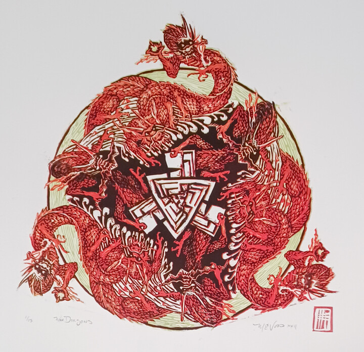 Nine Dragons, Printmaking by Michael E. Voss Artmajeur
