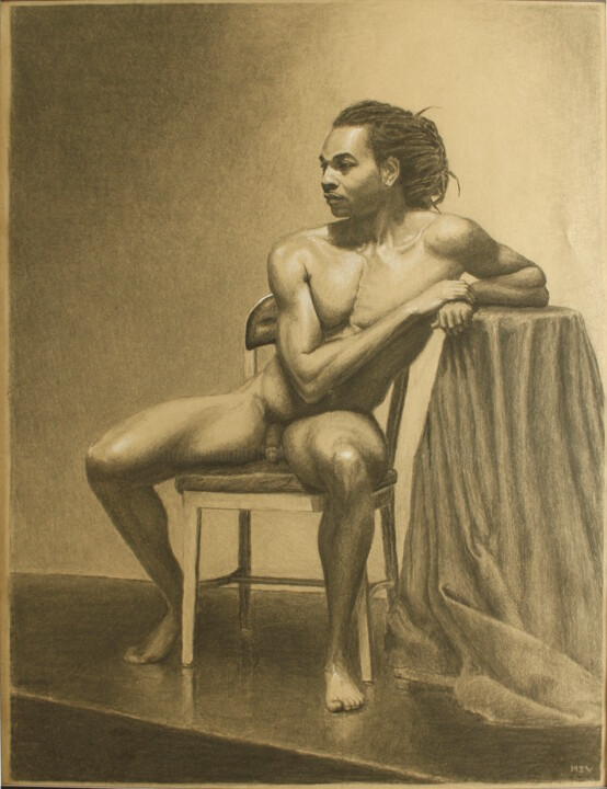 Tekening getiteld "DaLonne, Long Pose" door Michael E. Voss, Origineel Kunstwerk, Houtskool