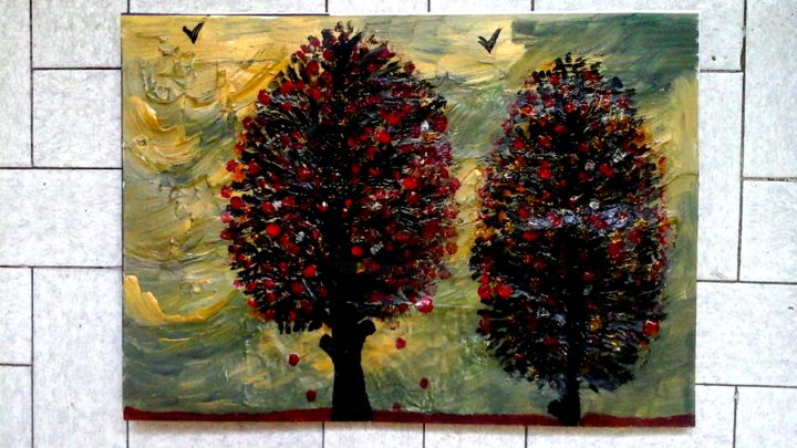 Malerei mit dem Titel "Mes 2 arbres" von Florence Castelli  Flofloyd, Original-Kunstwerk, Gouache