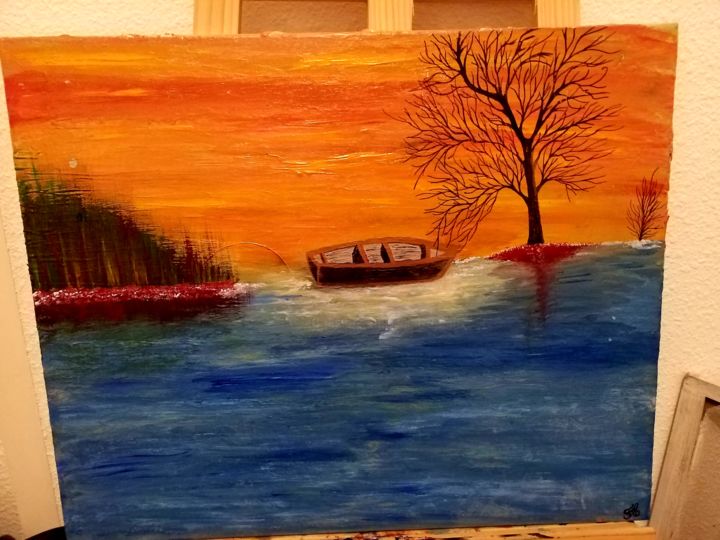 Painting titled "Une barque sur la m…" by Florence Castelli  Flofloyd, Original Artwork, Acrylic