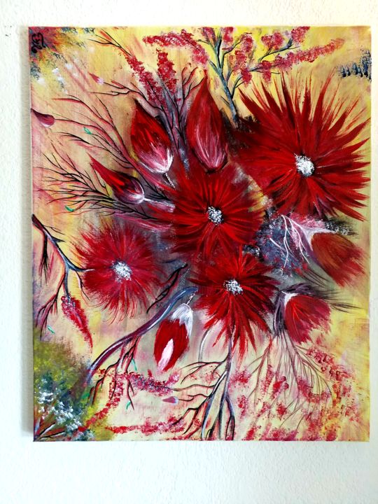 Painting titled "Des fleurs comme j…" by Florence Castelli  Flofloyd, Original Artwork, Acrylic