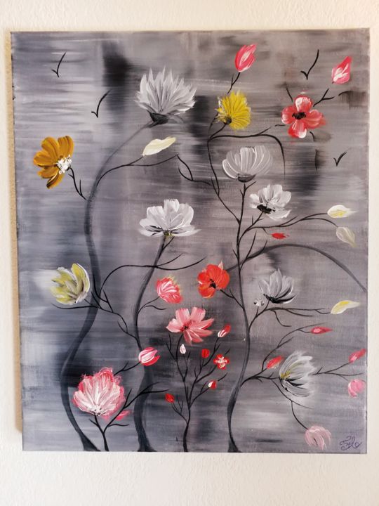 Painting titled "Des fleurs dans la…" by Florence Castelli  Flofloyd, Original Artwork, Acrylic