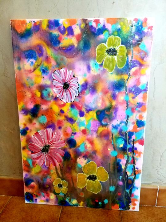 Painting titled "Mes fleurs" by Florence Castelli  Flofloyd, Original Artwork, Acrylic