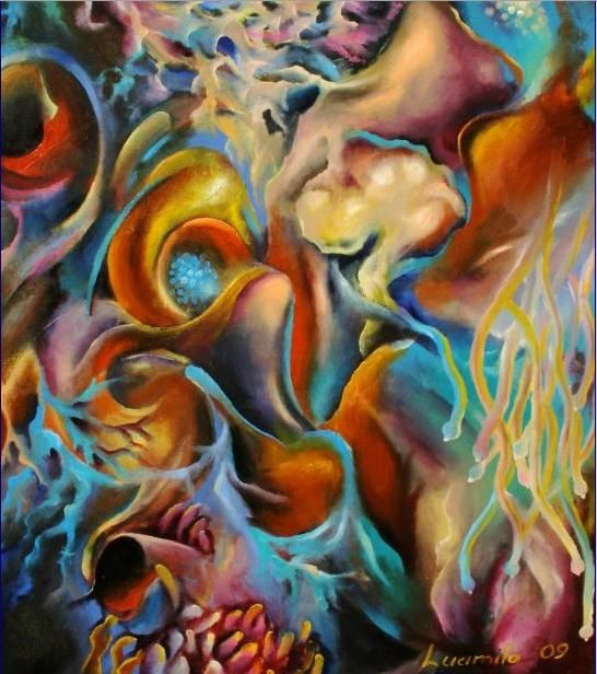 Painting titled "Water, Earth , Evol…" by Mia, Original Artwork, Oil