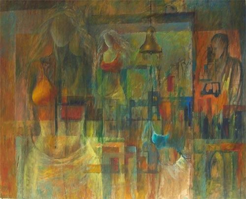 Painting titled "cityscape with figu…" by Maqbool Ahmed, Original Artwork