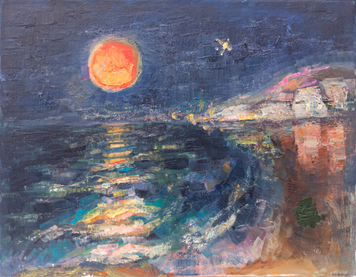 Pintura intitulada "The red moon. Pesar…" por Mariana Sobkiv, Obras de arte originais, Óleo