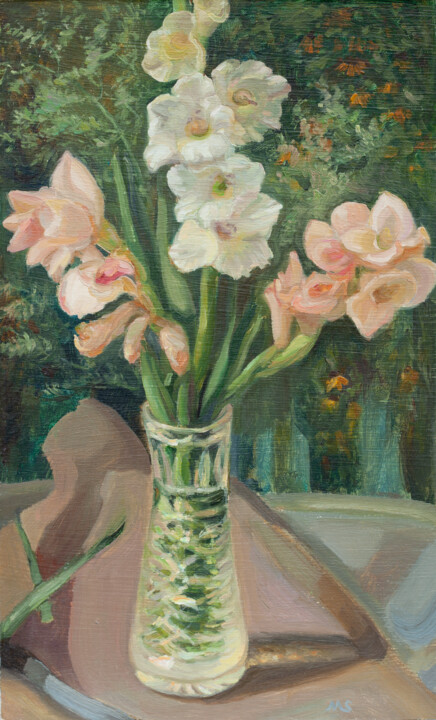 Painting titled "Gladioluses in the…" by Mariana Sobkiv, Original Artwork, Oil