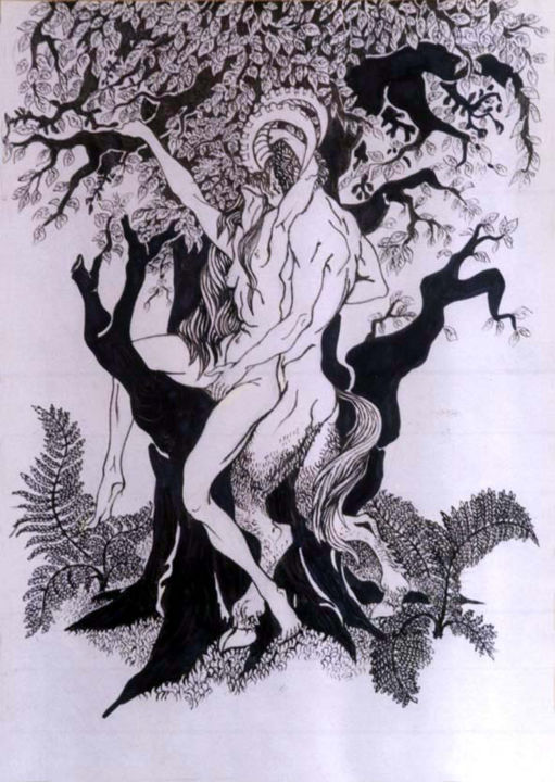Рисунок под названием "Сатир и Нимфа" - Леонид Маргвелашвили, Подлинное произведение искусства, Чернила