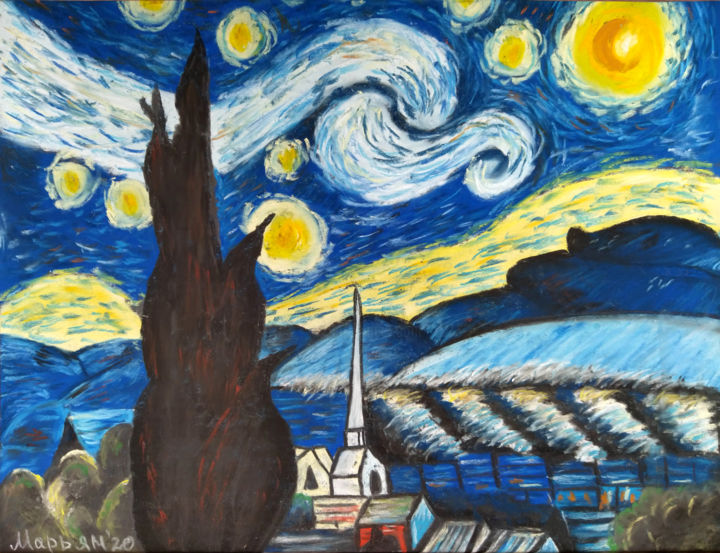 Peinture intitulée "Van Gogh Starry Nig…" par Mariam Mary Ellen, Œuvre d'art originale, Pastel
