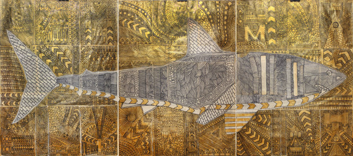 Peinture intitulée "Shark. GOLD (tripty…" par Marat Cherny, Œuvre d'art originale, Acrylique