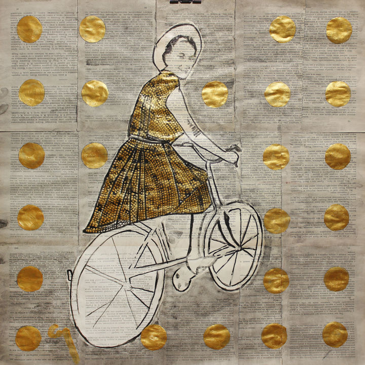 Painting titled "A girl on a bicycle." by Marat Cherny, Original Artwork, Acrylic