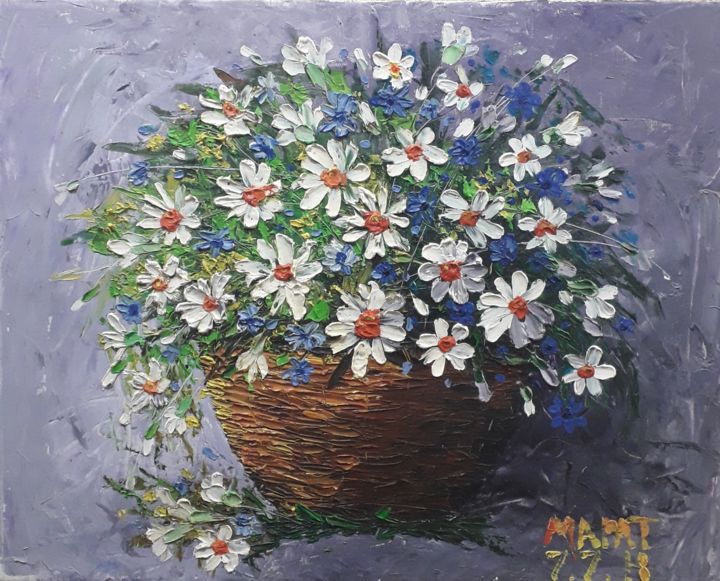 Painting titled "Daisies" by Marat Japarov, Original Artwork, Oil Mounted on Wood Stretcher frame