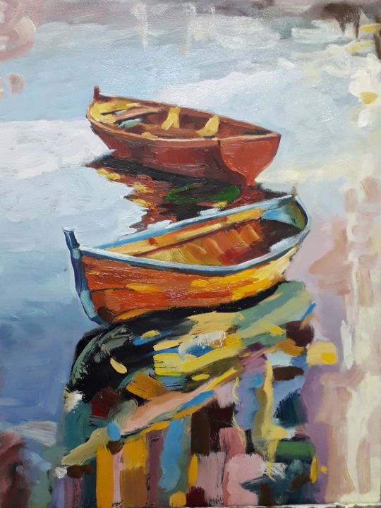 Schilderij getiteld "Boats" door Marat Japarov, Origineel Kunstwerk, Olie Gemonteerd op Frame voor houten brancard