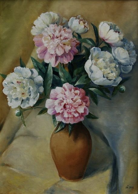 Painting titled "Пионы" by Anatolii Moroziuk, Original Artwork, Oil