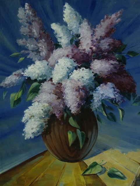 Painting titled "Сирень 2008 двп-хол…" by Anatolii Moroziuk, Original Artwork, Oil