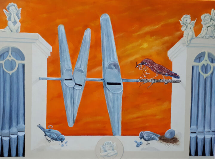 Painting titled "L'apprentissage (ou…" by Marc Brees, Original Artwork, Oil Mounted on Wood Stretcher frame