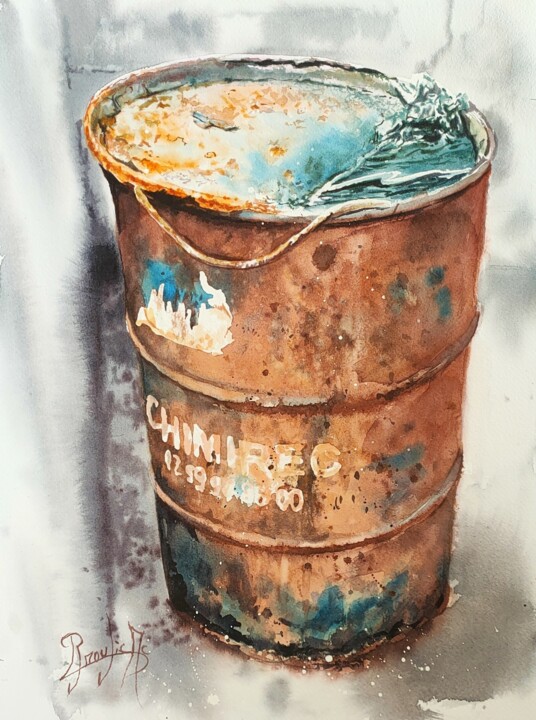 Peinture intitulée "Le vieux baril" par Marc Broudic, Œuvre d'art originale, Aquarelle
