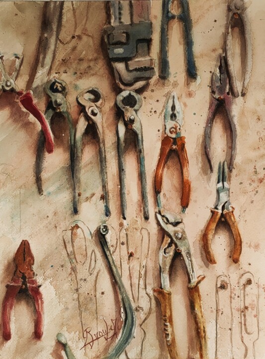 Peinture intitulée ""Pinces & Tenailles…" par Marc Broudic, Œuvre d'art originale, Aquarelle