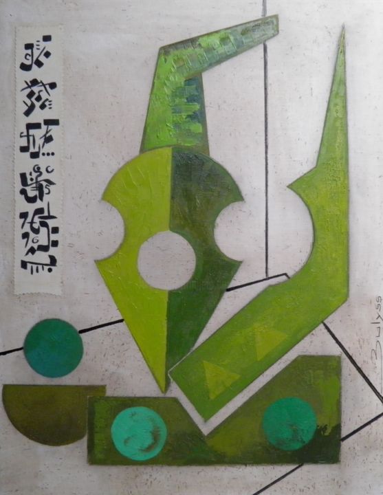Painting titled "Green violin" by Marc Bulyss, Original Artwork, Oil