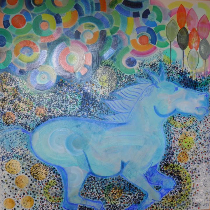 Painting titled "Blue Horse" by Marc Bulyss, Original Artwork, Oil