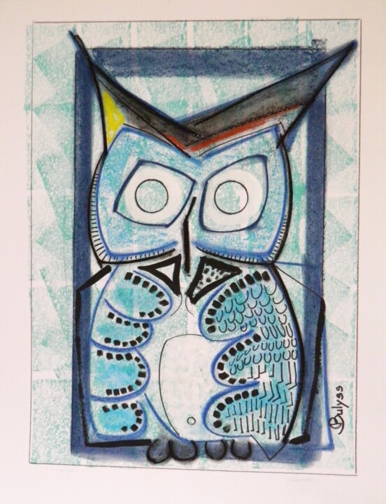 Drawing titled "Turquoise owl" by Marc Bulyss, Original Artwork, Pastel