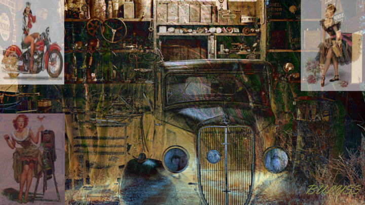 数字艺术 标题为“Old Car and Ladies” 由Marc Bulyss, 原创艺术品, 照片蒙太奇