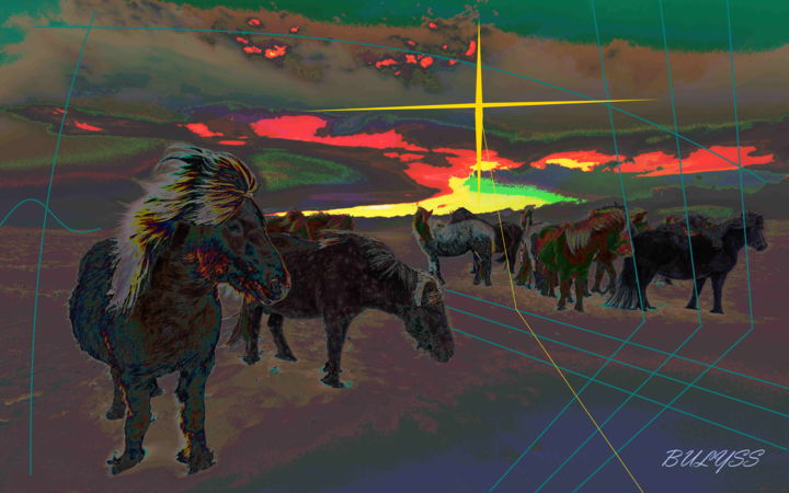 Arts numériques intitulée "Iceland Horses" par Marc Bulyss, Œuvre d'art originale, Peinture numérique