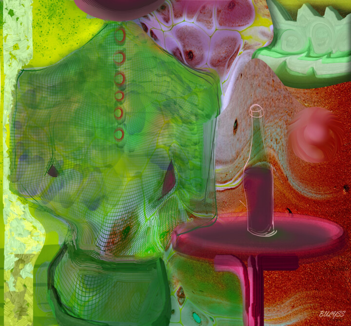 Digitale Kunst mit dem Titel "Red Wine Bottle" von Marc Bulyss, Original-Kunstwerk, Digitale Malerei