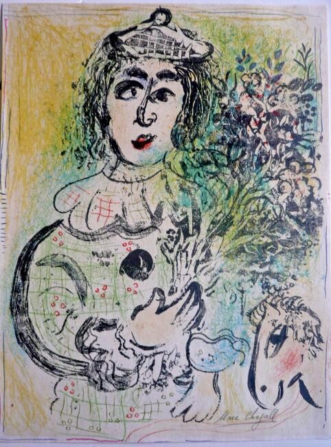Printmaking titled "Chagall-Le clown fl…" by Marc Chagall, Original Artwork