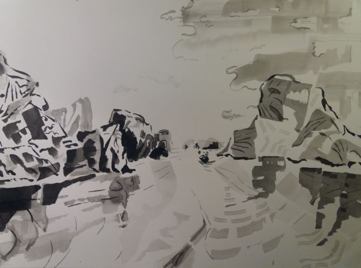 Pittura intitolato "Along Bay 2" da Marc Declercq, Opera d'arte originale, Inchiostro