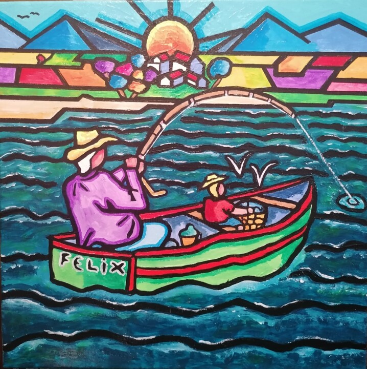 Painting titled "La pesca ." by Marc Felix, Original Artwork, Acrylic Mounted on Wood Stretcher frame