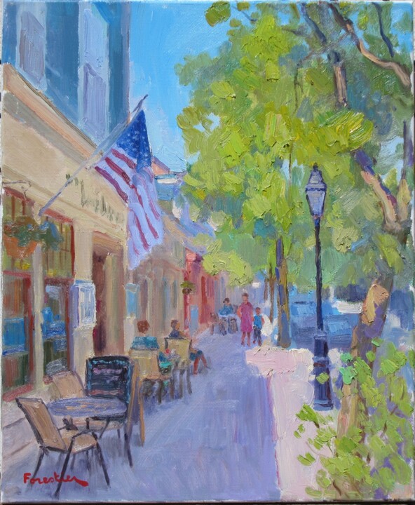 Painting titled "Street in Newport,…" by Marc Forestier, Original Artwork, Oil Mounted on Wood Stretcher frame