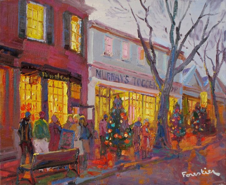Painting titled "Street in Winter, N…" by Marc Forestier, Original Artwork, Oil Mounted on Wood Stretcher frame