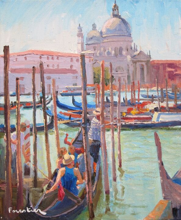 Painting titled "Gondolas in Venice,…" by Marc Forestier, Original Artwork, Oil Mounted on Wood Stretcher frame