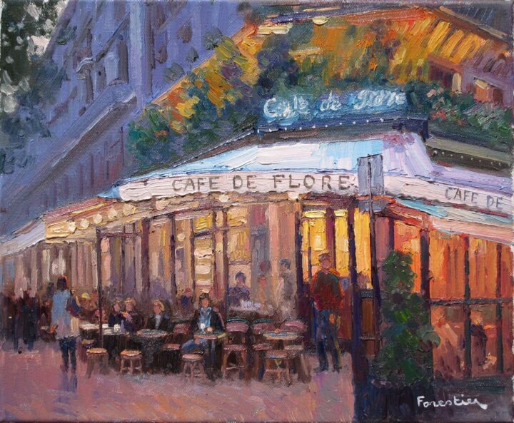 Painting titled "Paris, le Cafe de F…" by Marc Forestier, Original Artwork, Oil Mounted on Wood Stretcher frame
