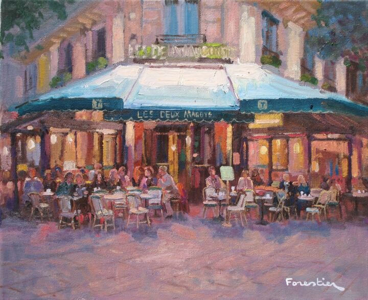 Painting titled "Les Deux Magots à P…" by Marc Forestier, Original Artwork, Oil Mounted on Wood Stretcher frame