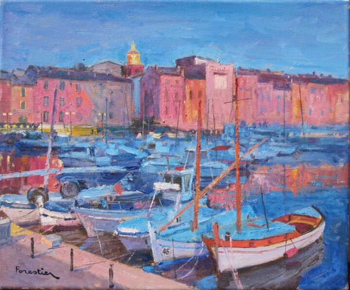 Painting titled "Saint-Tropez by Nig…" by Marc Forestier, Original Artwork, Oil Mounted on Wood Stretcher frame