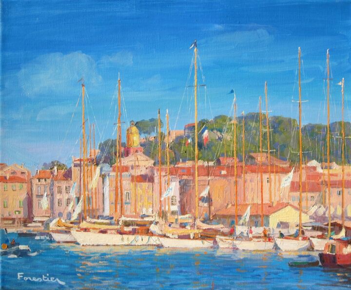 Painting titled "The Harbor of Saint…" by Marc Forestier, Original Artwork, Oil Mounted on Wood Stretcher frame
