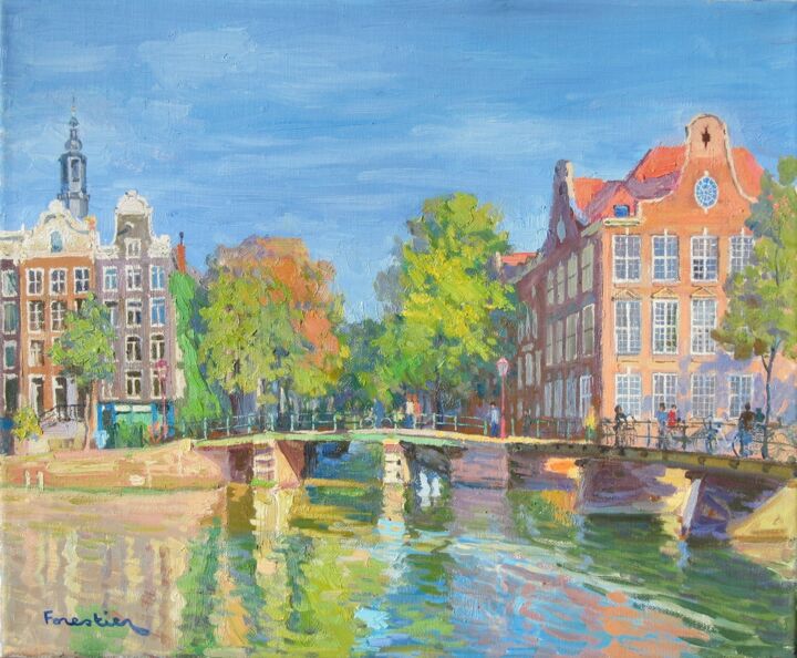 Painting titled "Canal in Amsterdam" by Marc Forestier, Original Artwork, Oil Mounted on Wood Stretcher frame