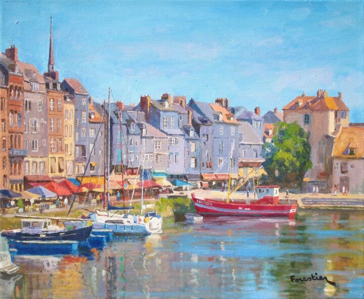 Painting titled "Honfleur Harbor, No…" by Marc Forestier, Original Artwork, Oil Mounted on Wood Stretcher frame