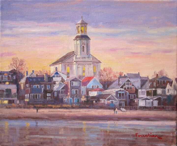 Painting titled "Sunset in Provincet…" by Marc Forestier, Original Artwork, Oil Mounted on Wood Stretcher frame