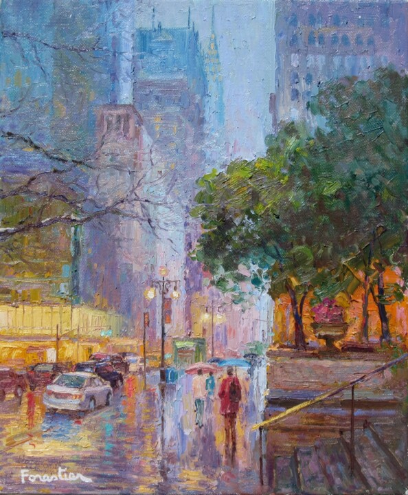 Painting titled "Rain in New York" by Marc Forestier, Original Artwork, Oil Mounted on Wood Stretcher frame