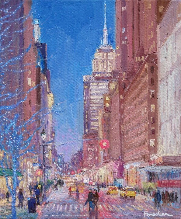 Painting titled "Lights in New York…" by Marc Forestier, Original Artwork, Oil Mounted on Wood Stretcher frame