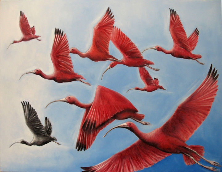 Painting titled "Vol d'ibis rouges /…" by Marc Haumont, Original Artwork, Oil