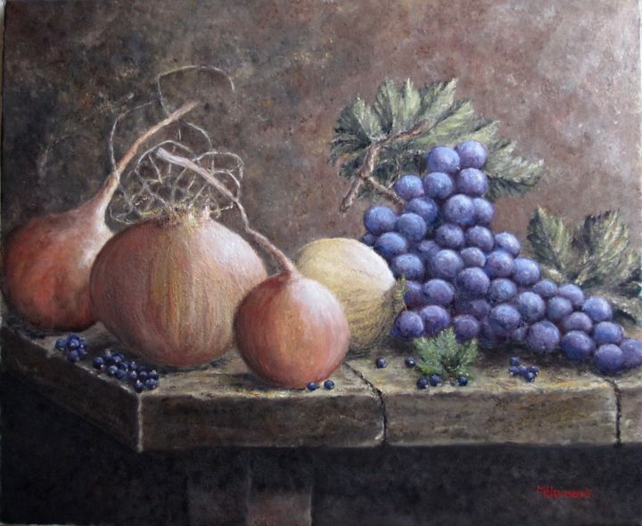 Painting titled "Oignons, raisin et…" by Marc Haumont, Original Artwork, Oil