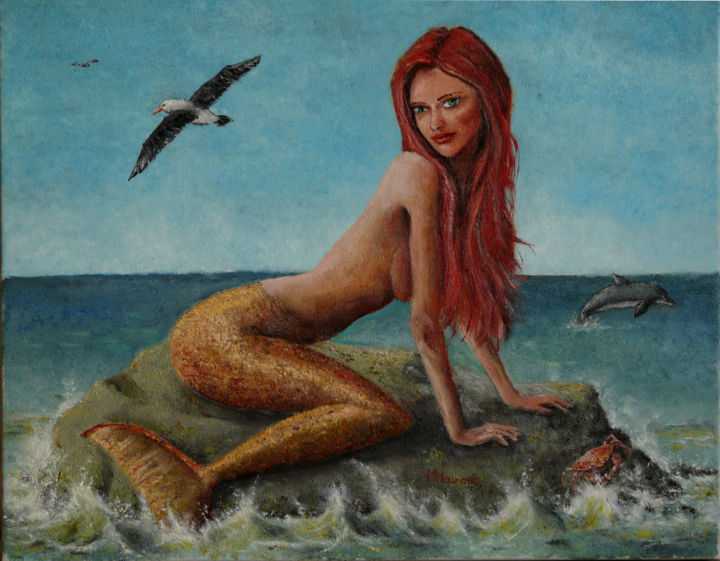 Painting titled "Une Sirène / A Merm…" by Marc Haumont, Original Artwork, Oil