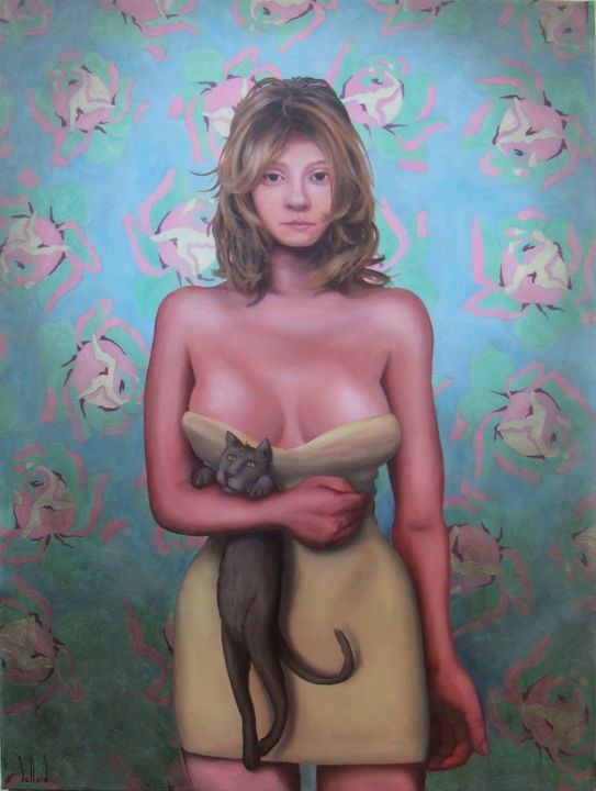 Schilderij getiteld "Fille au chat" door Marc Jallard, Origineel Kunstwerk, Olie