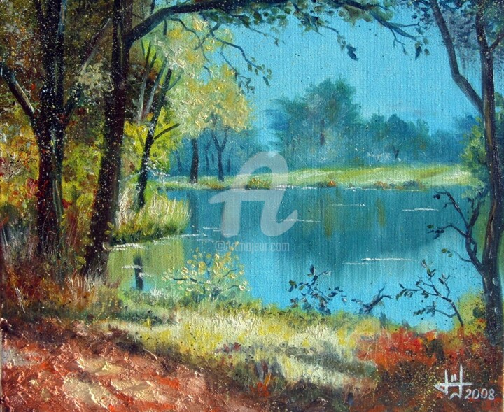 Painting titled "Le lac au bout du c…" by Marc Lallemand (Markkus), Original Artwork, Oil