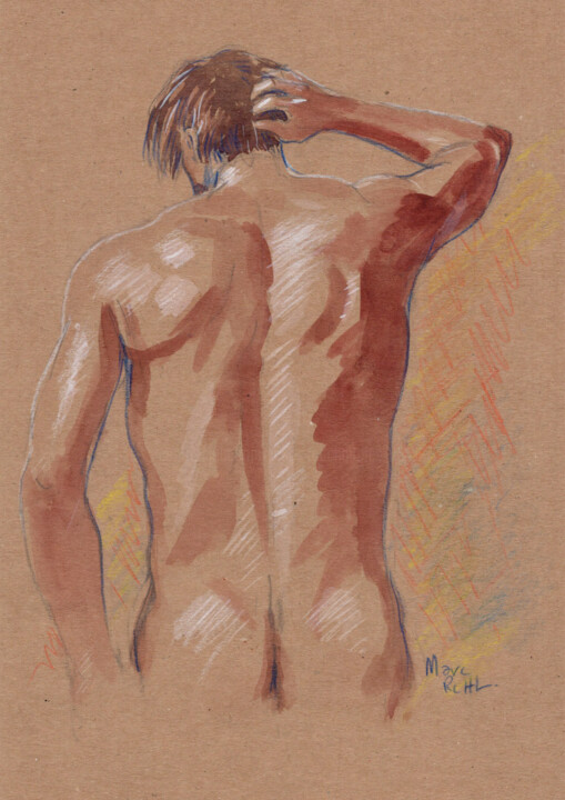 Painting titled "Homme de dos poings…" by Marc Rouchairoles, Original Artwork, Watercolor