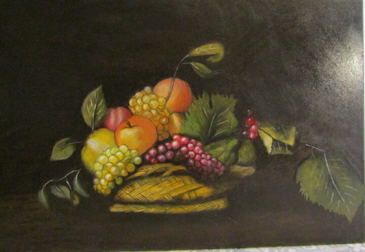 Painting titled "corbeille de fruit" by Marc Vincent, Original Artwork, Oil Mounted on Wood Stretcher frame